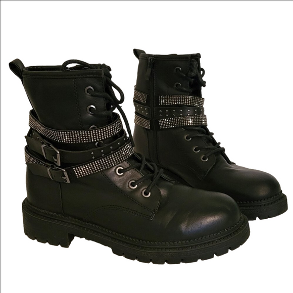 Rock & Candy Shoes - Rock & Candy Black Strappy Belt Rhinestone Zip Side Combat Boots Size 7.5